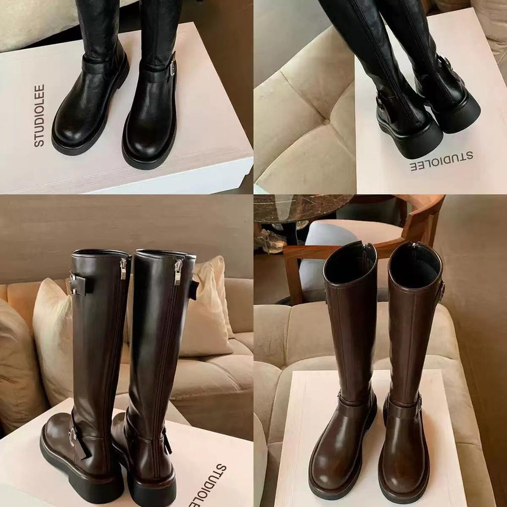 Grape Mom Same Style~ Autumn and Winter Round Head Buckle Belt Thick Heel But Back Zipper Medium High Versatile Knight Boots Women
