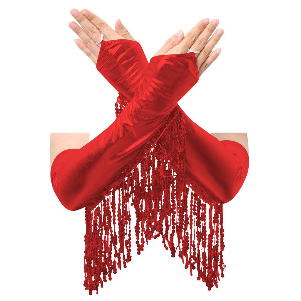 Dámský třpytivý kostým na tanec cha-cha s křížením vpředu, flitrovaným leotardem s třásněmi a metalickými rukavicemi, vystoupení