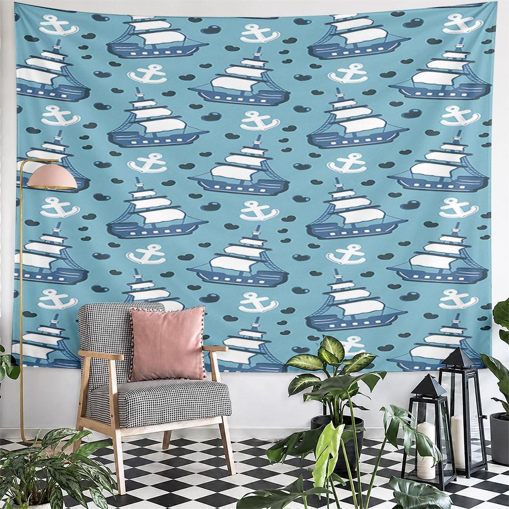 Blue Nautical Ship and Anchor Pattern Pattern Wall Hanging Tapestry Decorative Tapestry Home Decor for Bedroom and Living Room