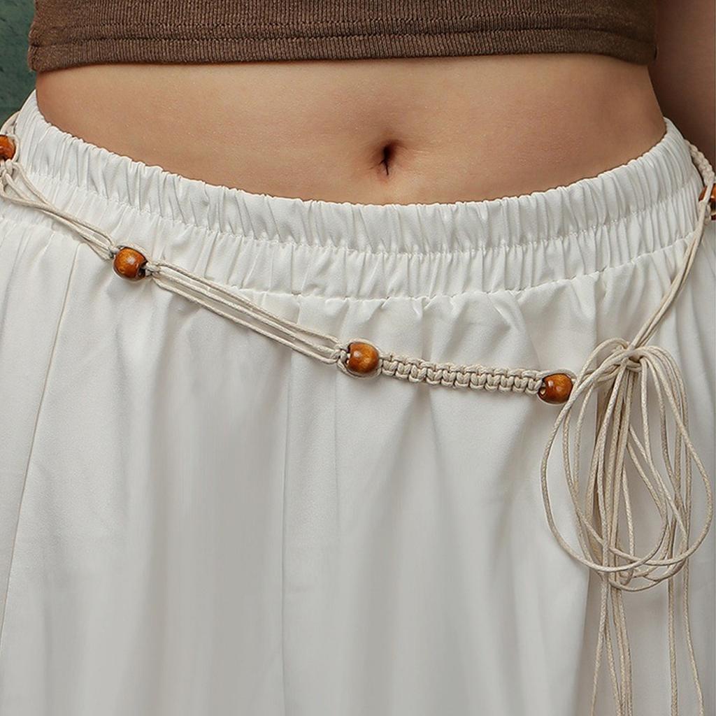 Böhmischer geflochtener Taillengürtel Dekorative Taillenkette für Damen Verstellbarer Baumwollfaden-Gürtel mit Holzperlen