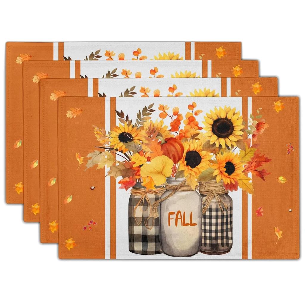 Thanksgiving Design Placemats Linen Rectangular Table Mats Heat Resistant for Dining Kitchen Autumn Festival Atmosphere Placemat