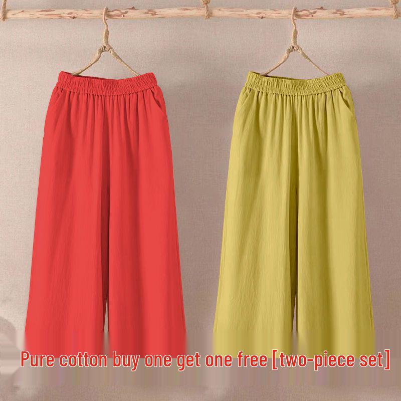 Women's Summer Cotton Linen Wide-Leg Pants: Korean Style, Loose Fit, Plus Size, Versatile Seven-Point Casual Wear.