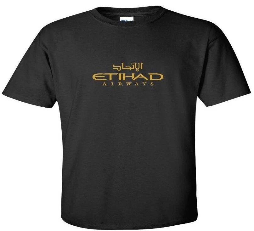 Etihad Airways Gold Logo United Arab Emirates Airline Black Cotton T-Shirt M