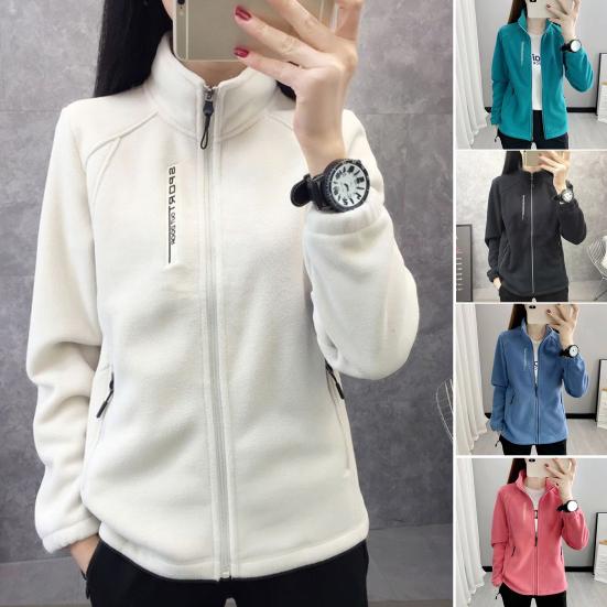 Jarní Zimní Dámská Bunda Stojáček Polární Fleece Zapínání na Zip Bunda Dlouhý Rukáv Jednobarevný Kardigan Udržuje Teplo Sportovní Svrchní Oblečení s Kapsami