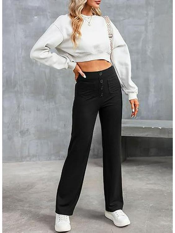 2024 Fashion Women's High-Waist Casual Straight Pants with Elastic Belt and Multiple Pockets