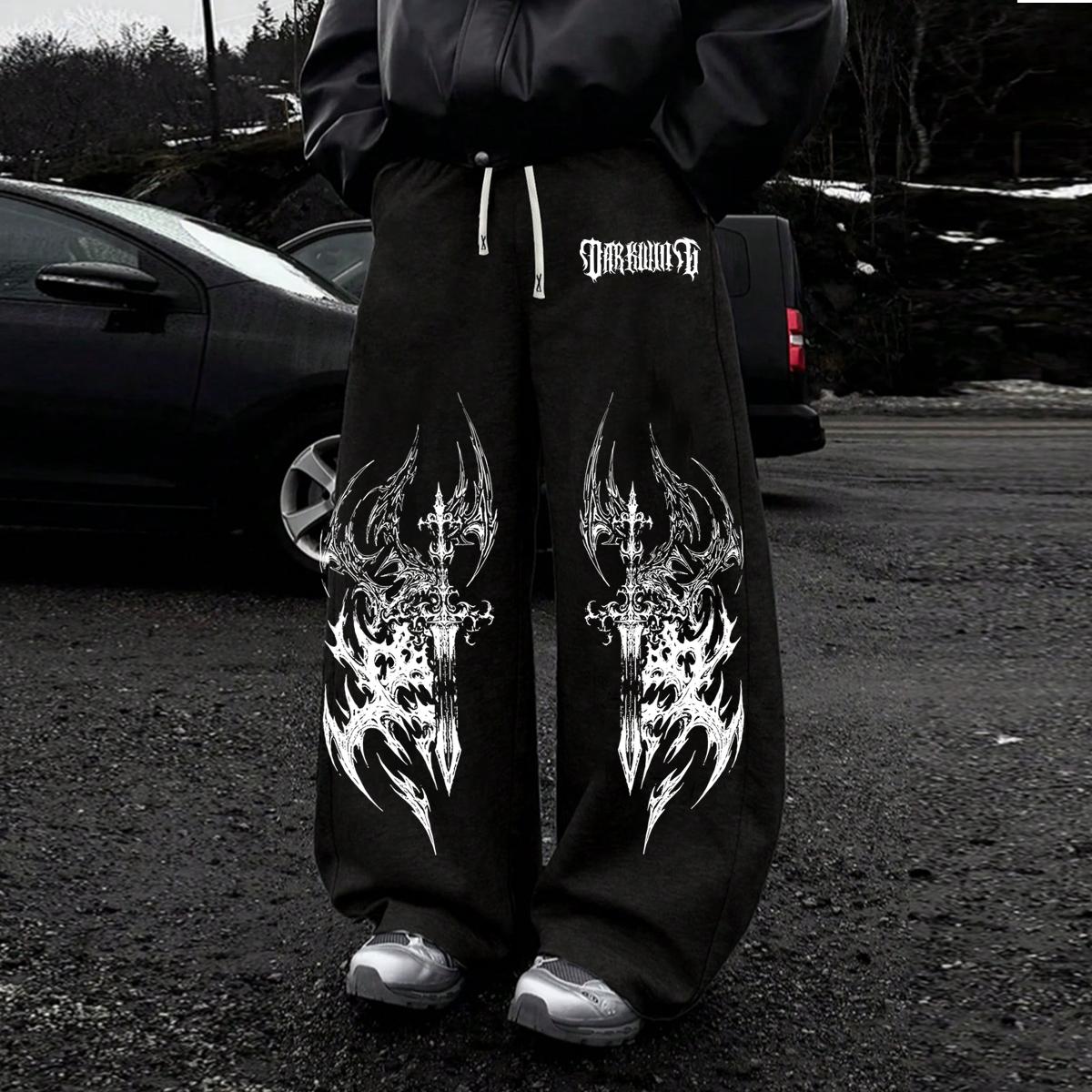 Готические Темные Брюки с Прямым Кроем в Tribal Стиле, Дерзкие Уличные Брюки L чёрный