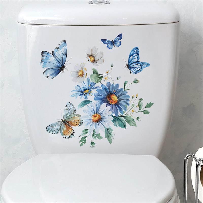 Toilet Stickers Watercolor Floral Chrysanthemum Butterfly Wall Stickers Durable Waterproof Bathroom Decor With Self-Adhesive