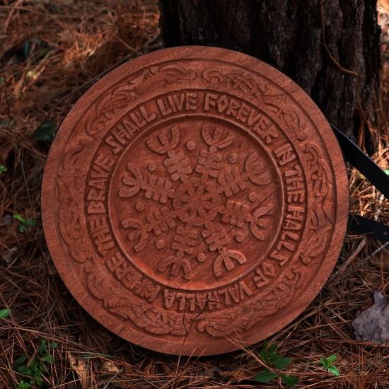 Nordic Rampage Dřevěný Malý kulatý štít Ručně vyrobený Funkční Dřevořez Kostým Reenactment Norský Viking Warrior Crest Shield