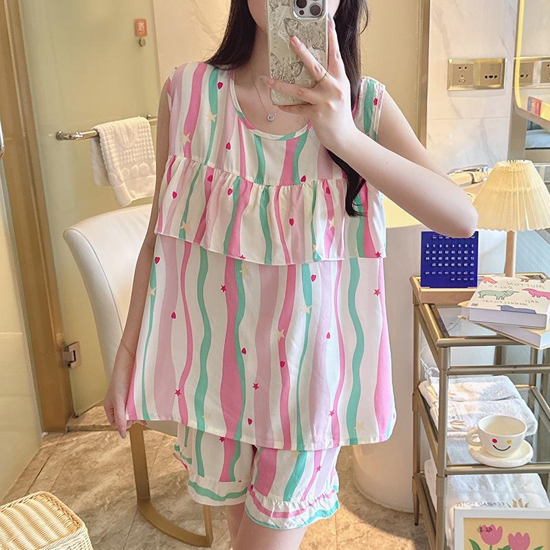 Anti-bumping Pajamas Women's Summer Vest Shorts Set Cotton and Silk Loungewear Can Be Worn Outside Loose Large Size Sweet and Cute