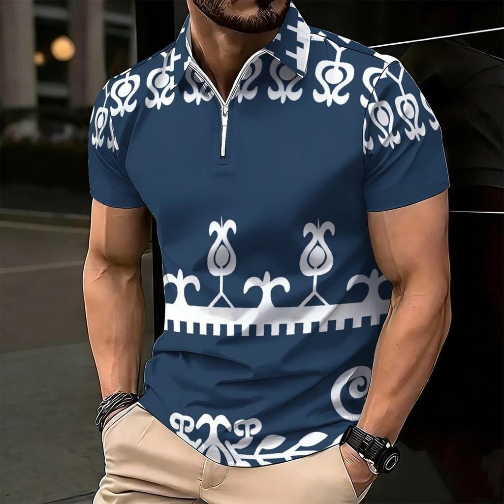 Women Short Sleeve Polo Shirt Blue Gray White Curved Wave Line Abstract Half Zip Lapel Top
