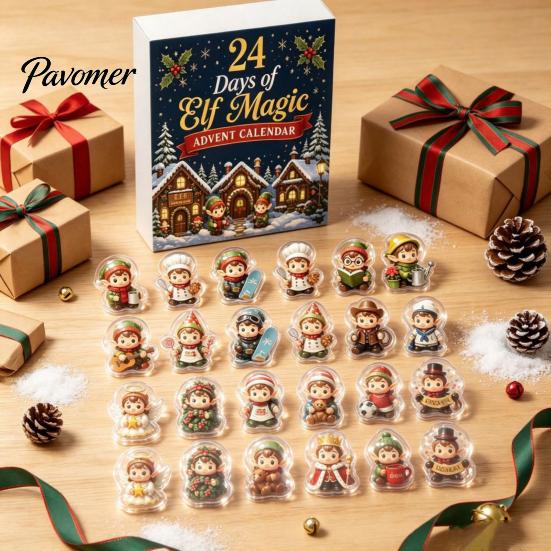 Christmas Decorative Hanging Charms Magic Elf Advent Calendar, 24 Day Acrylic 2D Ornament Set with Durable Holiday Patches Cute Mini Figures,