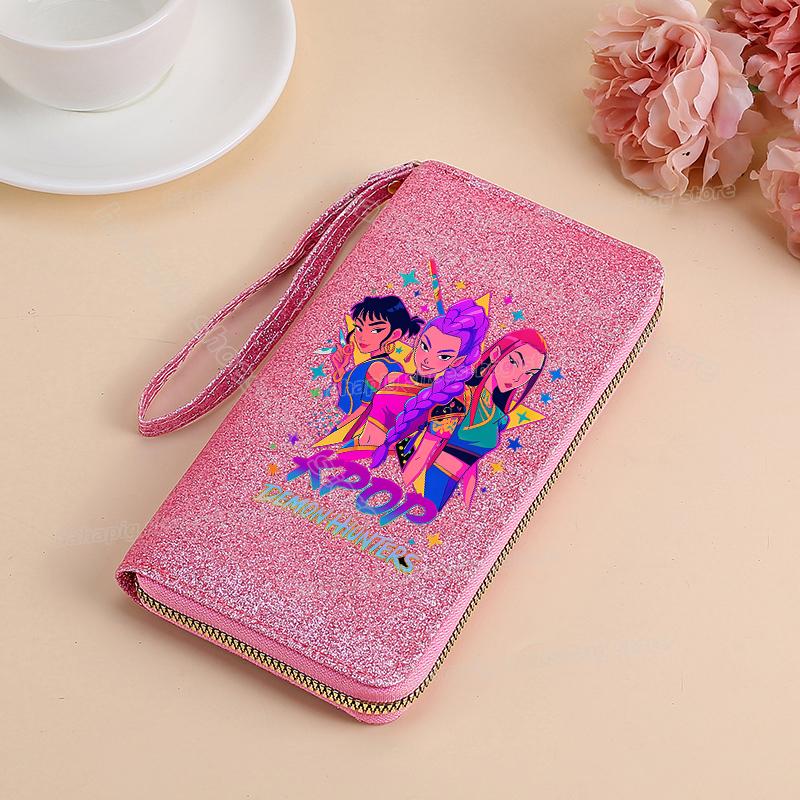 Vysoce kvalitní KPop Lovci démonů Dlouhá peněženka Dámské peněženky na zip Sequin Bling Koženka Kapsa na mince Držák na ID Kartu Dámské Clutch Peněženky