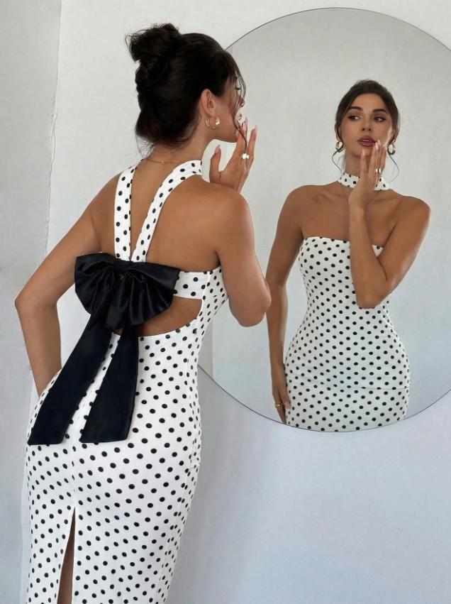 New TikTok hot-selling polka dot slim-fitting bow strap dress