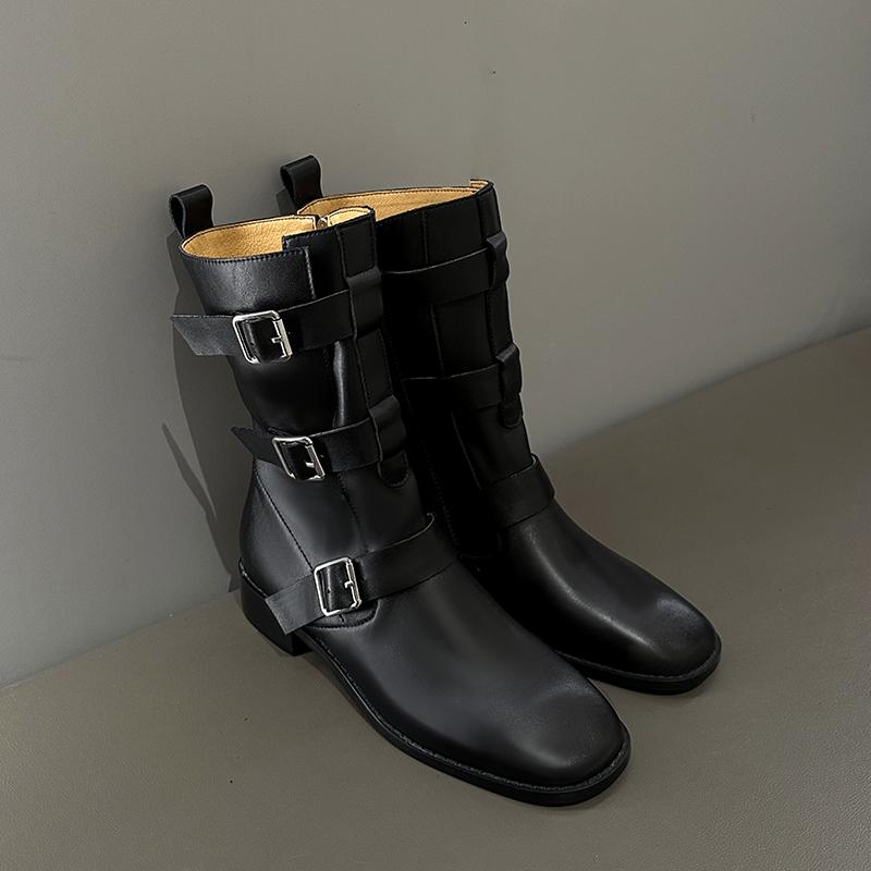 Fashion 2025 Autumn New Women's Shoes Split Leather Mid-calf Boots Square Toe Pull-on Mid Heel Belt Buckle Western Boots Modern Boots