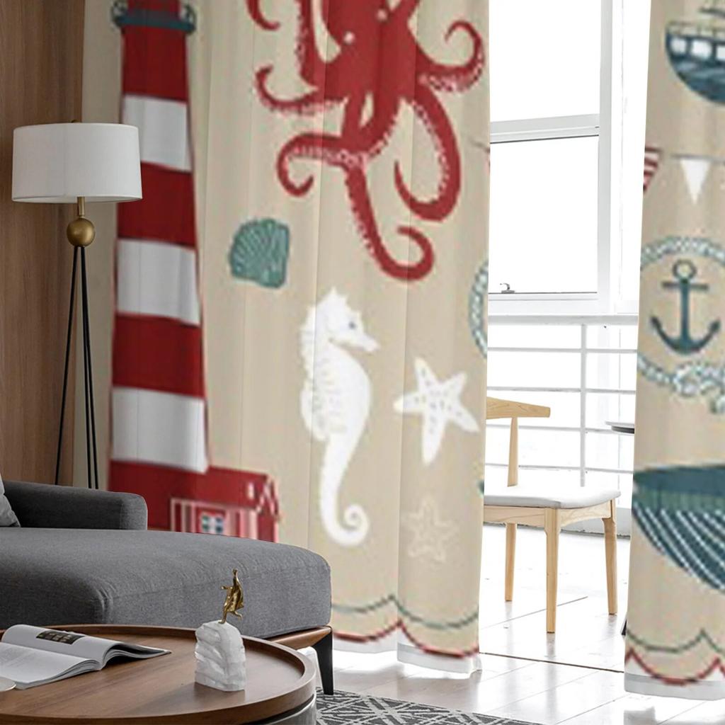 Decorative Nautical And Sea Set Maritime Illustrations Window Screening Curtains Voile Drape Sheer Tulle for Living Room Bedroom