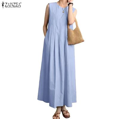 Women Casual Round Neck Summer Sleeveless Dress