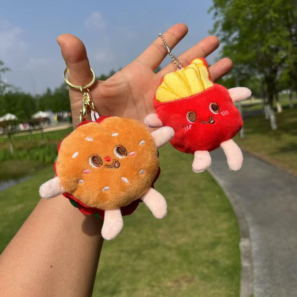 Cute Cartoon Hamburger Fries Bag Plush Pendant Keychain Squeaking Sound Pendant Toy Gift Peripheral