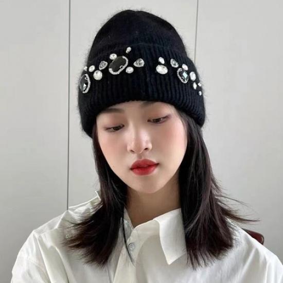 Women Rhinestone Knitted Hat Warm Ski Beanie Cap Crystal Beads Decor Winter Hat