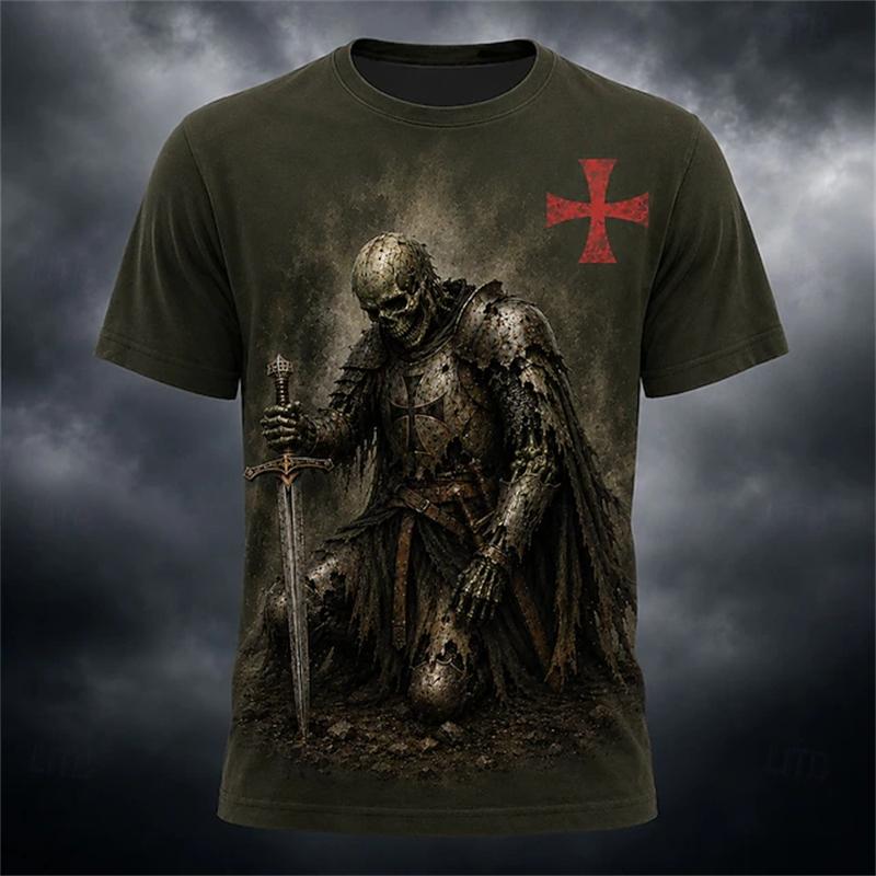 New Men's Halloween Crew-Neck Short-Sleeve T-Shirt Grim Reaper Scythe and Skeleton Print Crew-Neck Short-Sleeve Men's Top