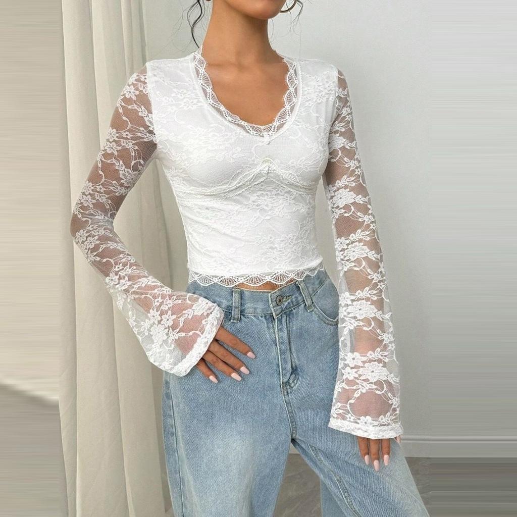 Women Lady Long Sleeve Lace Stitching Blouse Tunics Tops Shirts