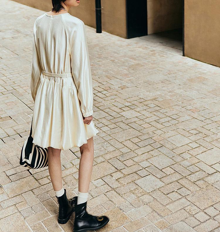 2026 Spring French Drape Puff Sleeve Belted Fluffy Skirt Dress for Women