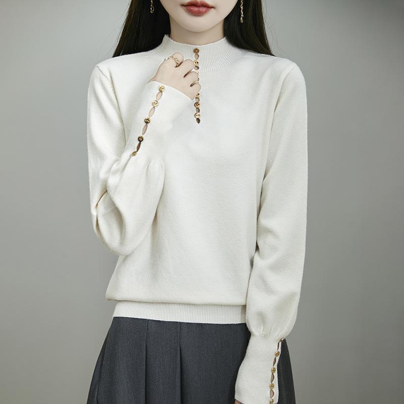 A Fashionable Semi-high Neck, Versatile Design Base Layer, Solid Color Loose and Warm Knitted Sweater for Women