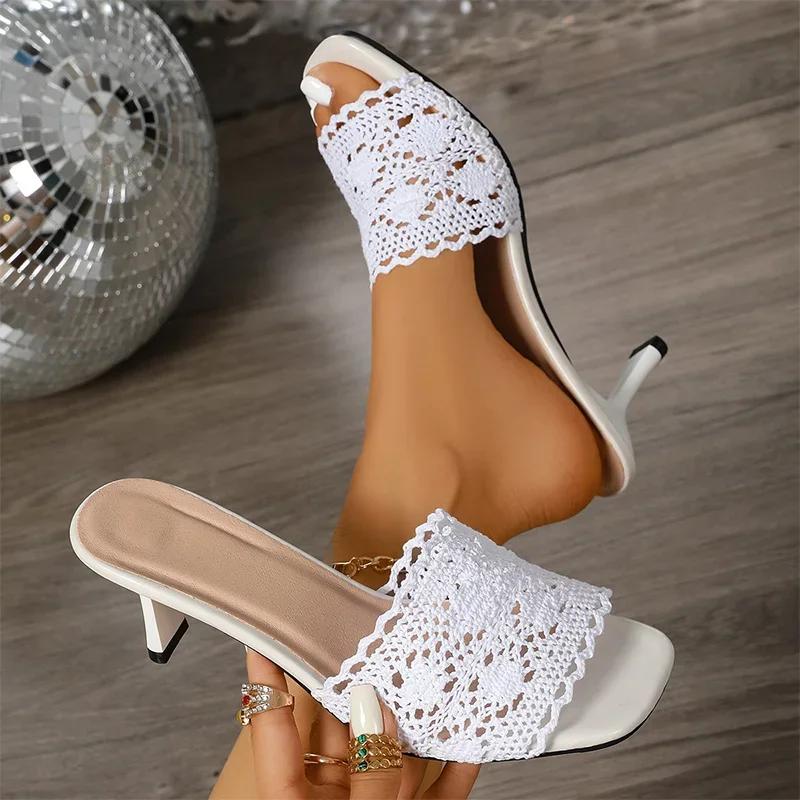 Fashion Lace High Heels Sandals for Women 2025 Summer Lightweight Comfortable Slippers Woman Plus Size Thin Heeled Square Toe Slippers