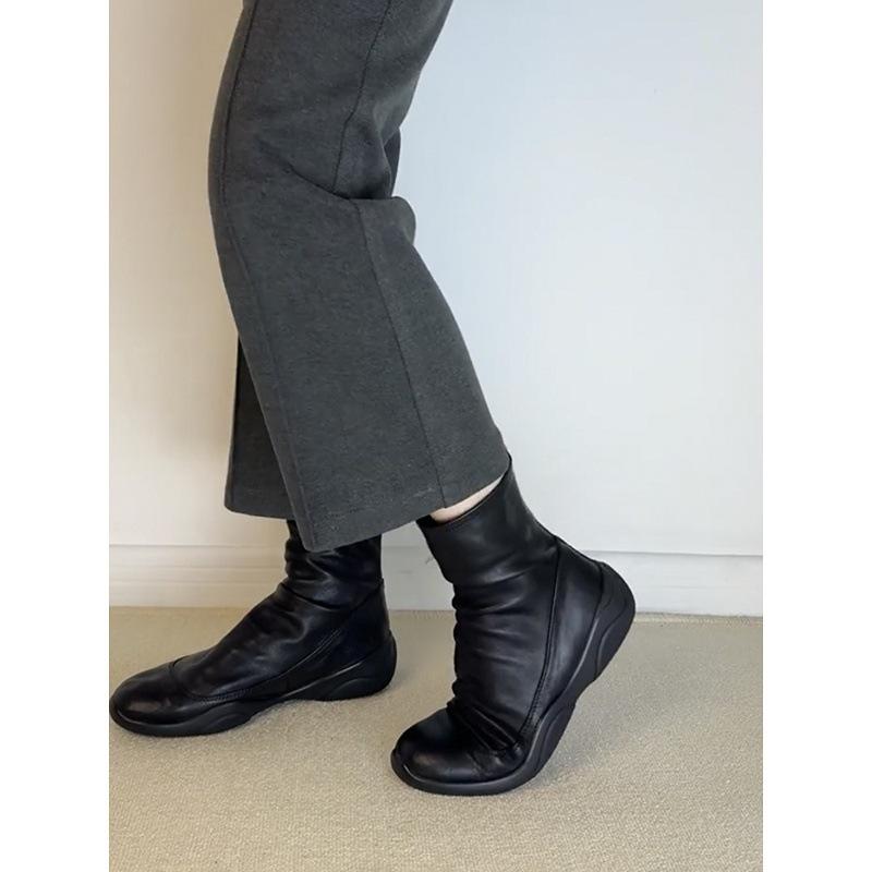 Cowhide Version~ Leather Round Head Thick Sole Retro Black Short Boots Women's Autumn and Winter Down Boots Elastic Thin Boots Martin Boots