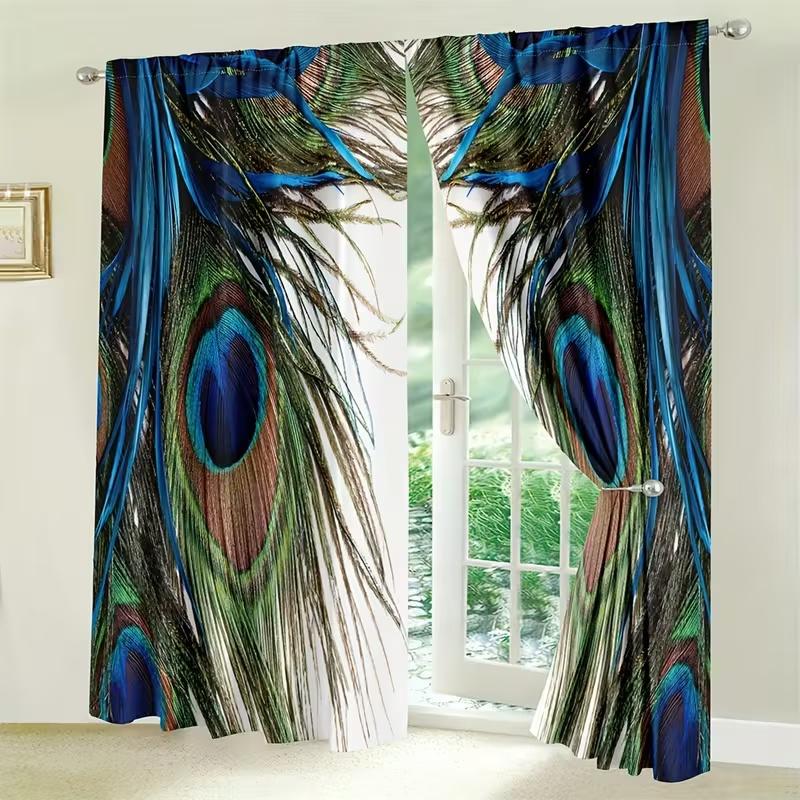 Peacock Feathers Print Curtains Suitable Bedroom Living Room Kitchen Decoration Home Window Set Of 2 Made Polyester Great Decor