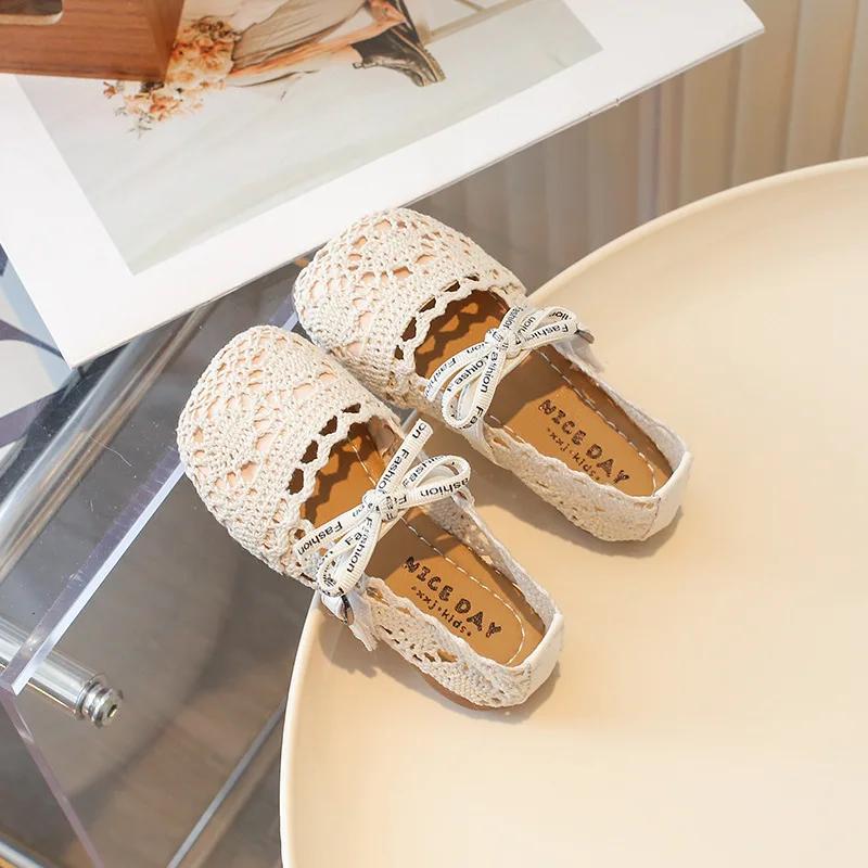 Bow Mesh Girls Flats Shoes Hollow Out Lace Solid Kids Princess Shoes Hook Loop Non Slip Toddler Children Fashion Shoes