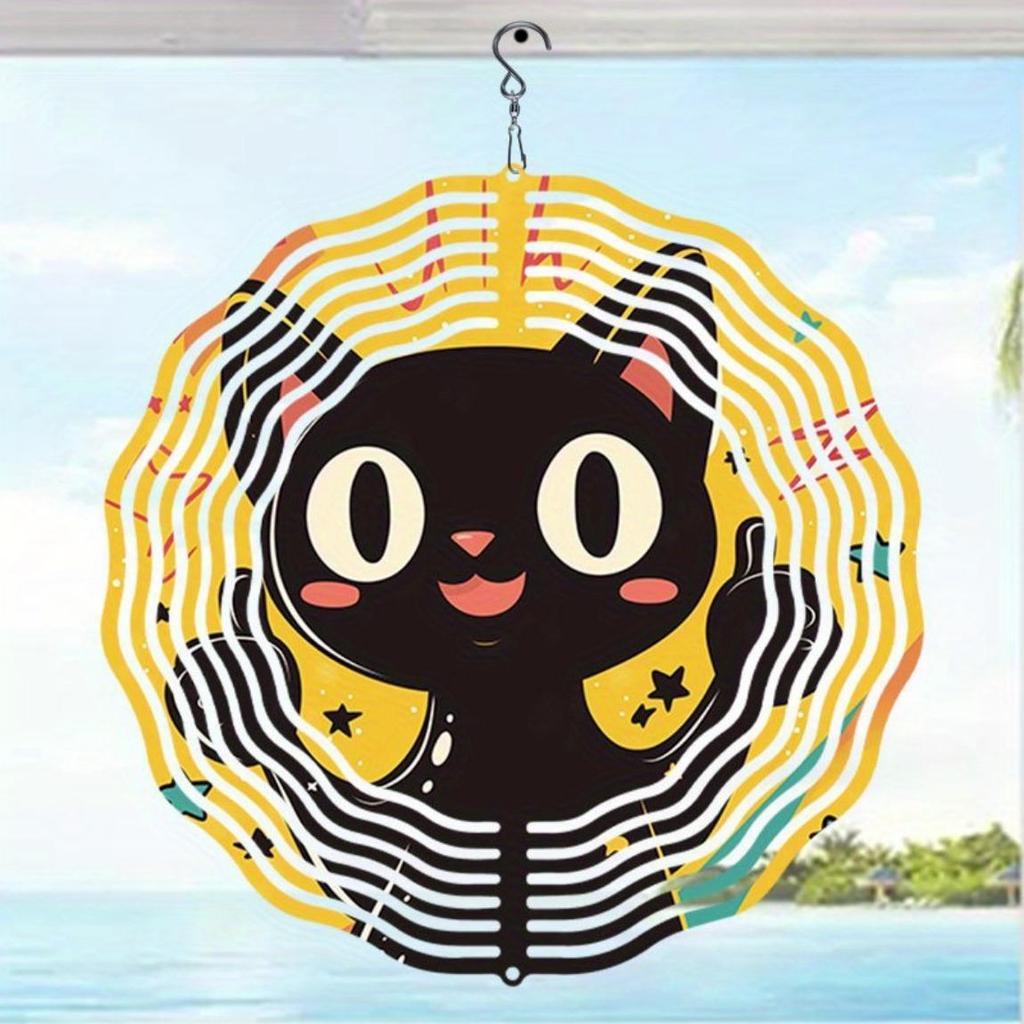 Cute Black Cat Wind Spinner Outdoor Decorative Kinetic Yard Art Hanging Wind Chime for Halloween Christmas Thanksgiving Durable Metal Garden Decor