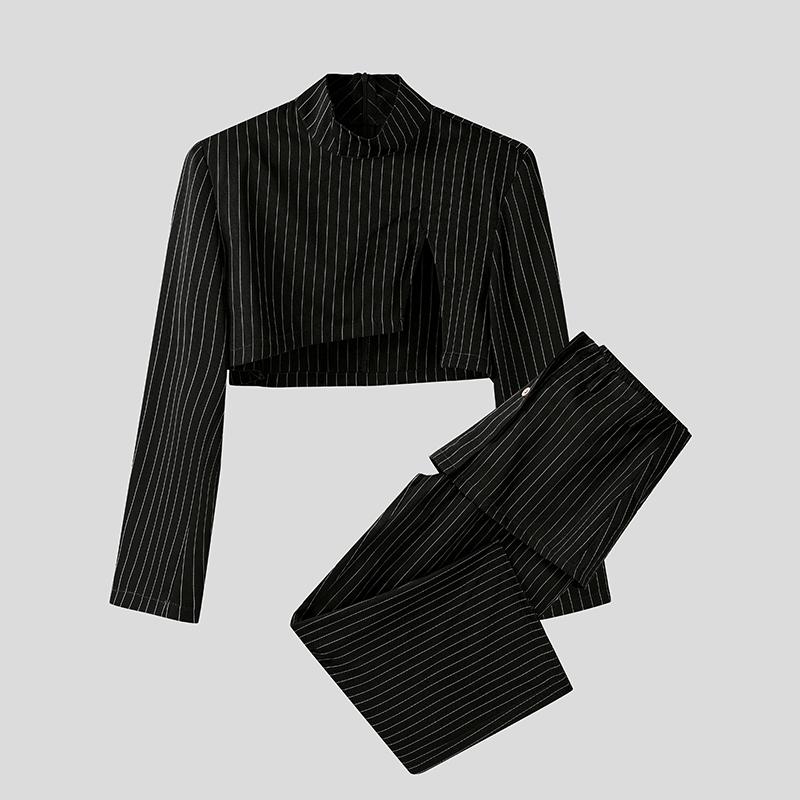 

INCERUN Men Two Pieces Stand Neck Striped Long Sleeve Crop Tops Zip-Up High Waist Long Pants Sets