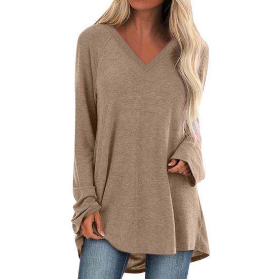 Taglie Forti Donna Tinta Unita Manica Lunga Scollo a V Pullover Largo Midi Camicetta Top