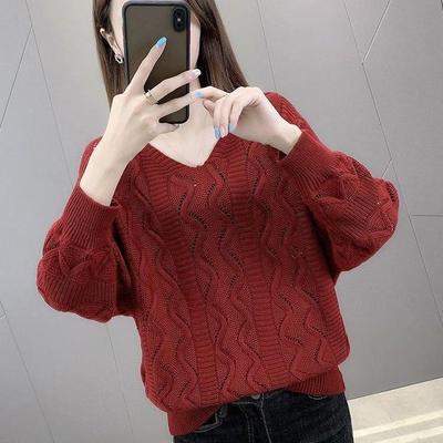 Lazy Bat Sleeve Hollow Knitted Sweater Spring and Autumn Fashion Casual Thin Long-sleeved Top Women's V-neck Pullover