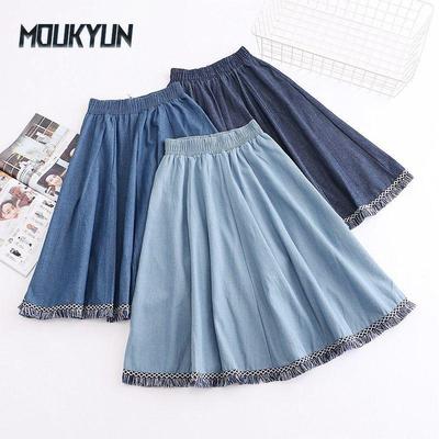 Estate Moda Coreana Sexy Nappa Cuciture A-line Spacco Per Mostrare Magra Vita Alta Denim Gonna Media Lunghezza