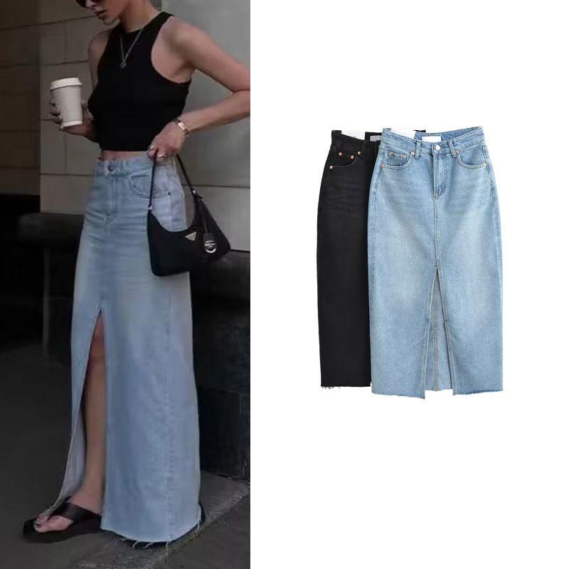 Spring New Arrival American Retro Ins Style High Waist A- Line Mid Length Long Length Front Slit Raw Edge Denim Skirt