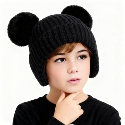 Sombrero de Punto para Niños Decoración de Doble Pompon Protección para las Orejas Sombrero Cálido Color Sólido Elástico Cálido Cortavientos Sombrero Prendas para la Cabeza