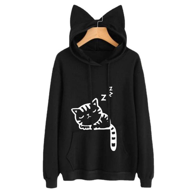 Plus Size Cat Print Fleece Hoodie for Women - Autumn/Winter Collection