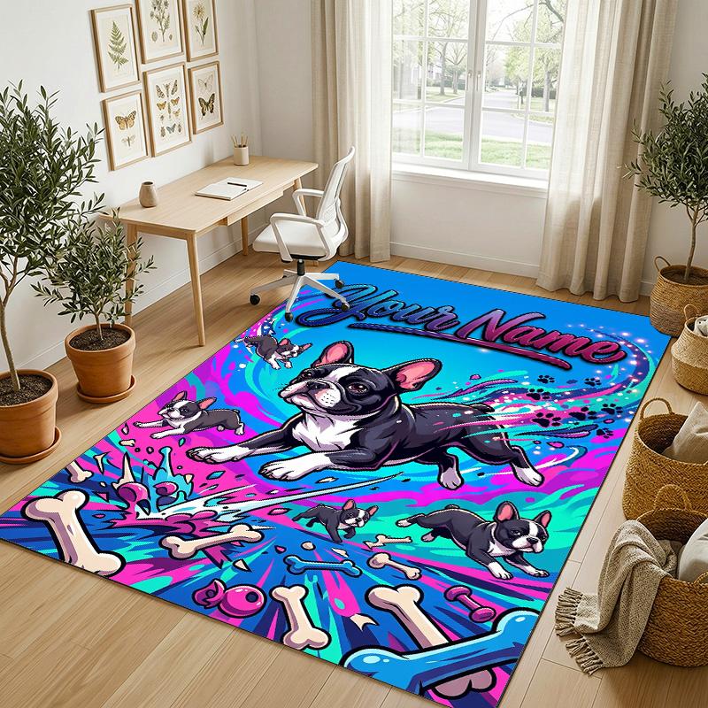 Dog Theme Crystal Velvet Rug Personalized Custom Name Text Soft Floor Mat Home Decor