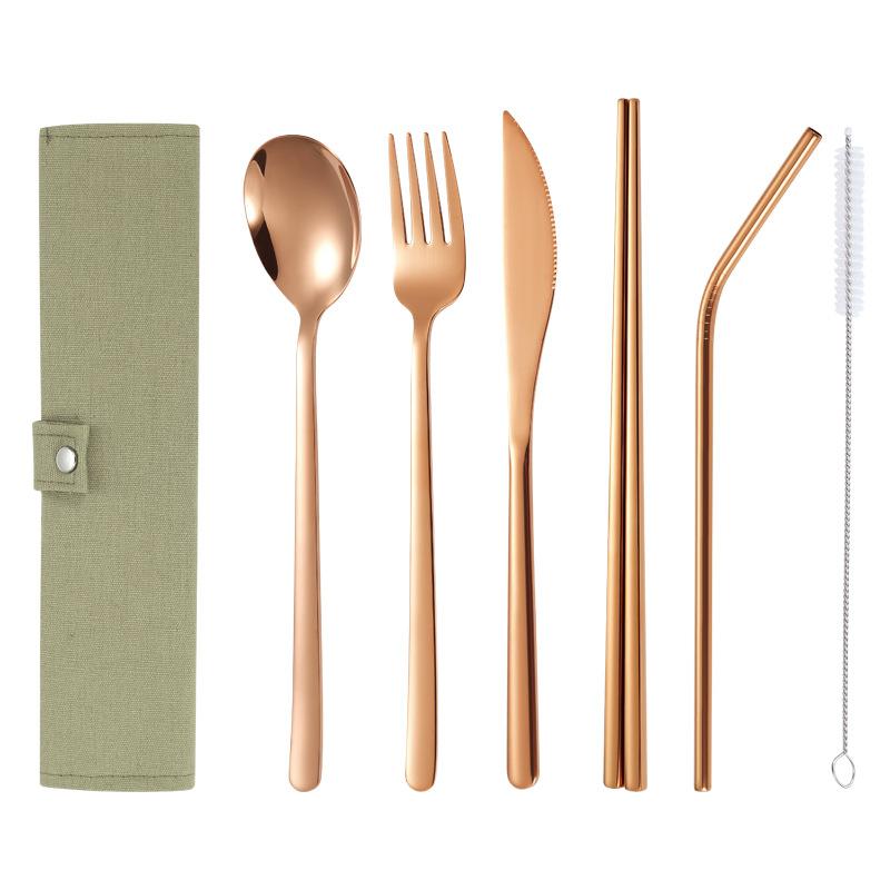 304 Stainless Steel Tableware Sets, Portable Tableware Bag, Knife, Fork, Spoon, Chopsticks, Straw, Full Sets, 6Pcs