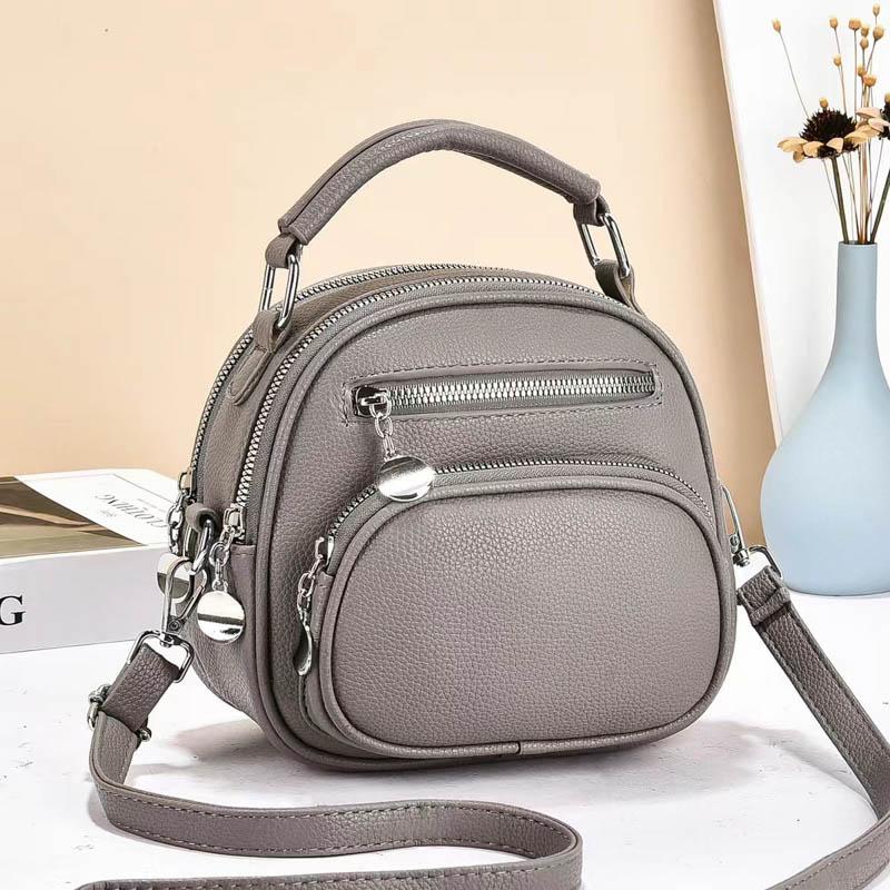 Women Mini Round Leather Handbag Multi Zipper Pockets Top Handle Crossbody Bag Adjustable Strap for Daily Use Ladies' Holiday Gifts