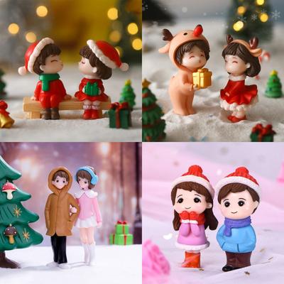 2Pc Mini Christmas Love Couple with Xmas Hat Design Ornament Home Decor Gift Figure Doll DIY Garden Bonsai Decor Resin Craft
