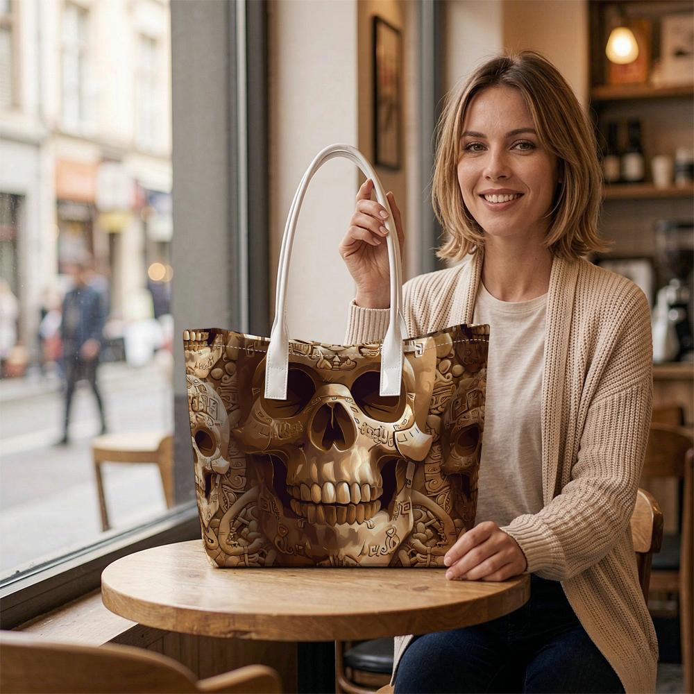 Vintage Skull Print Tote Bag Large Capacity Shoulder Bag for Daily Use