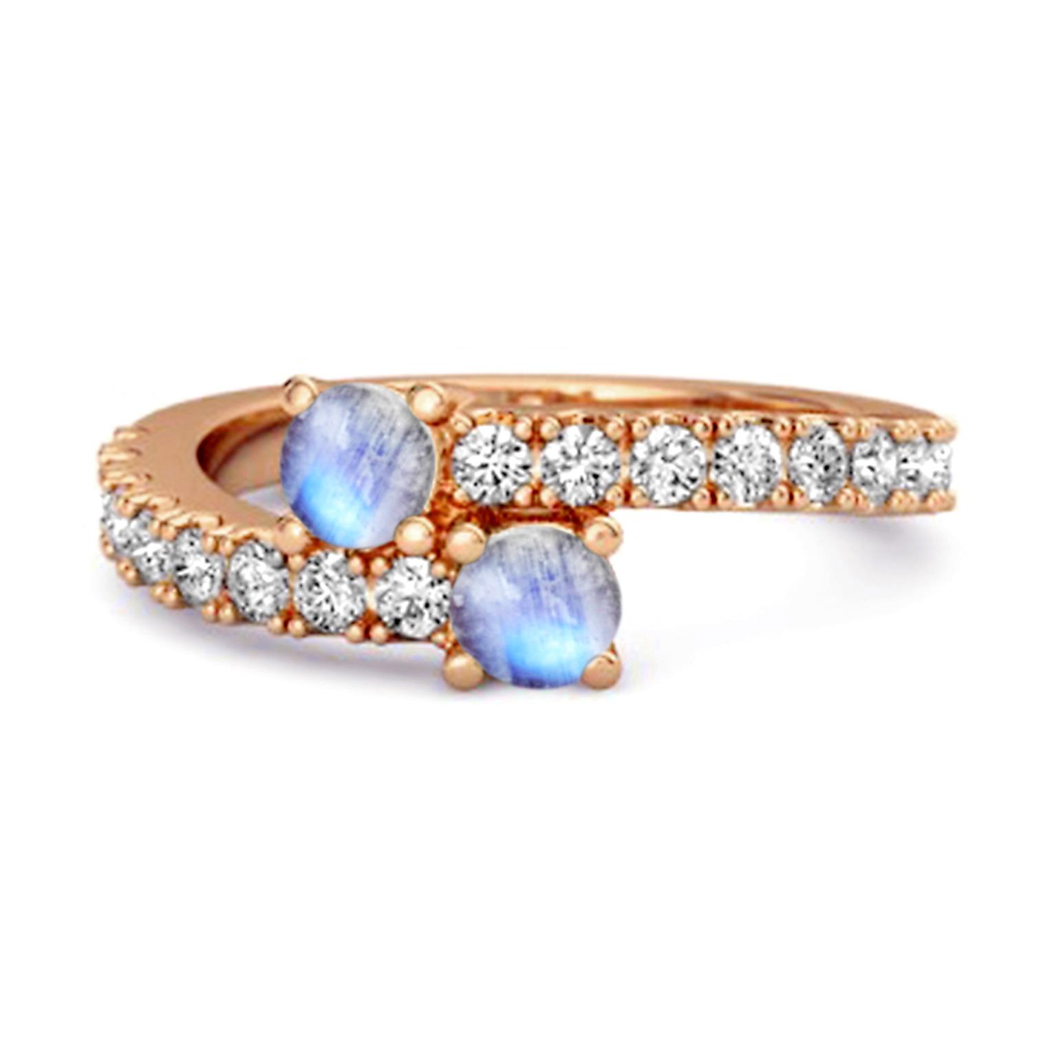 Moonstone Twin Stone with Accents Bypass Ring - 925 Sterling Silver Rose Gold Vermeil 7