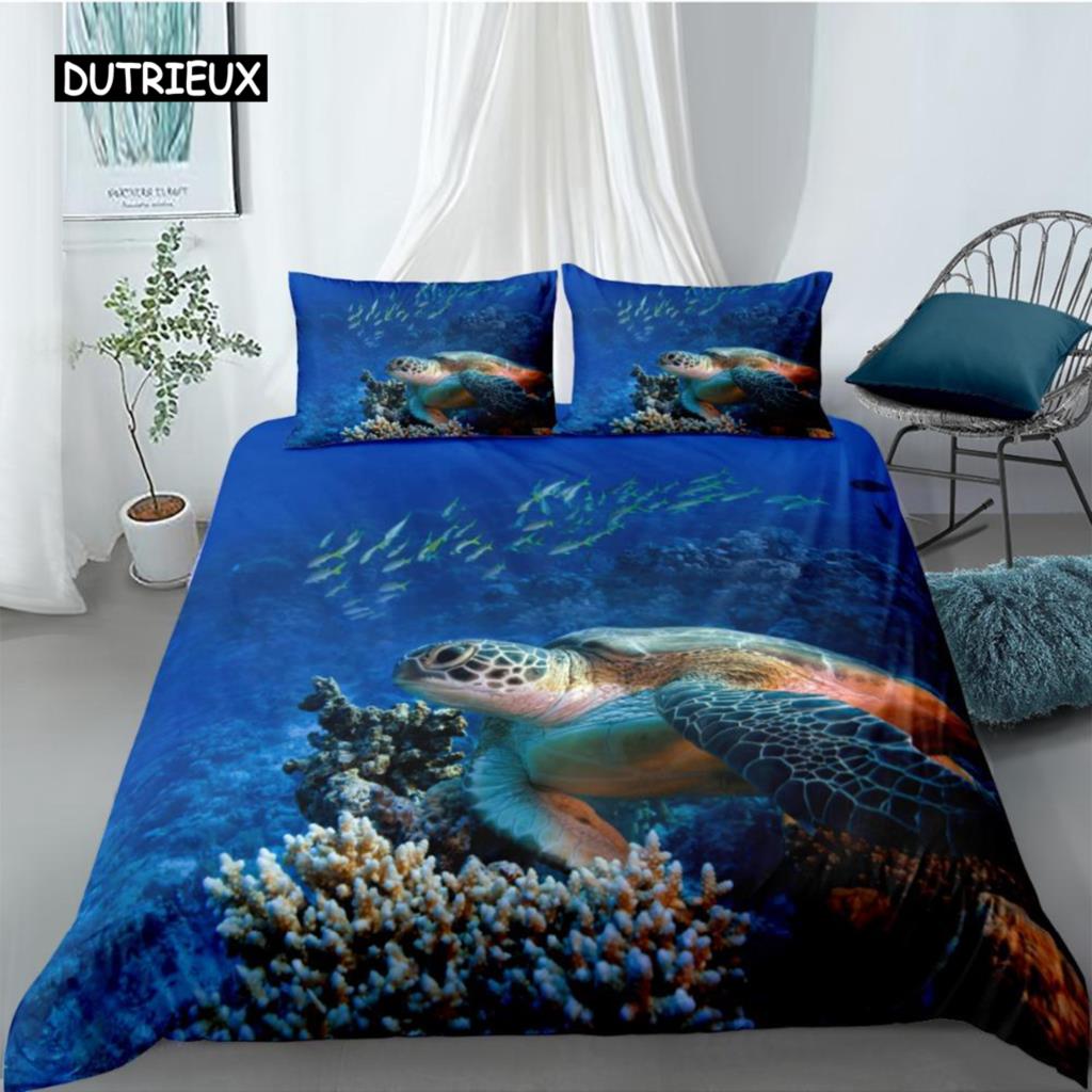 Ocean Duvet Cover Set Queen Double Size Polyester Ocean Animals Fishes Tortoise and Rainbow Color Coral Printed Comforter Cover