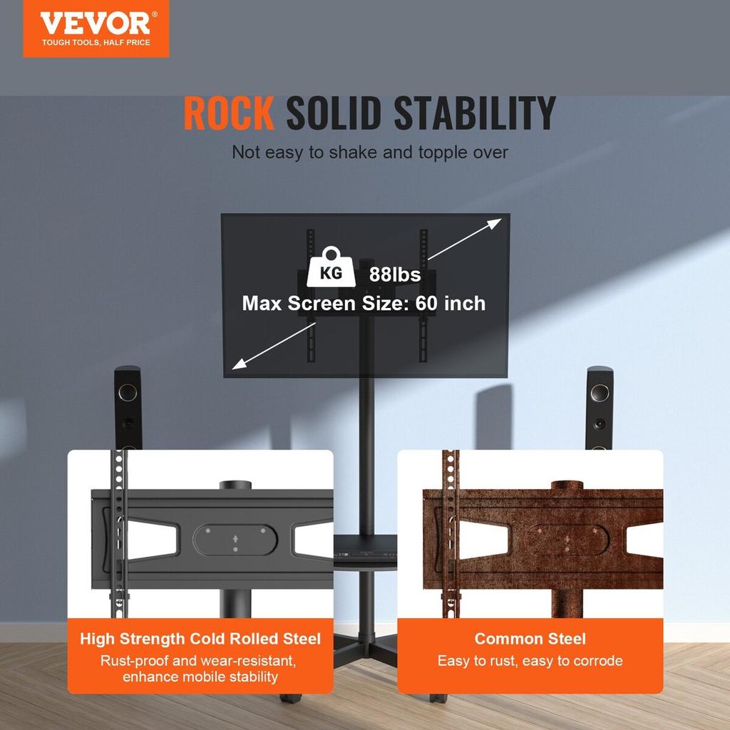 Mobile TV Stand, Mobile TV Cart for 23 To 60 Inch TVs, Height Adjustable Portable TV Stand with Wheels, with A Tray for Audio-Visual Devices, Rolling