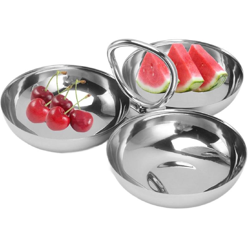Snack Serving Plate 3 in 1 Fruit Bowl Snack Plate 304 Stainless Steel Reusable Dessert Plates Candy Serving Tray for Home Kitchen Party(Type 2)