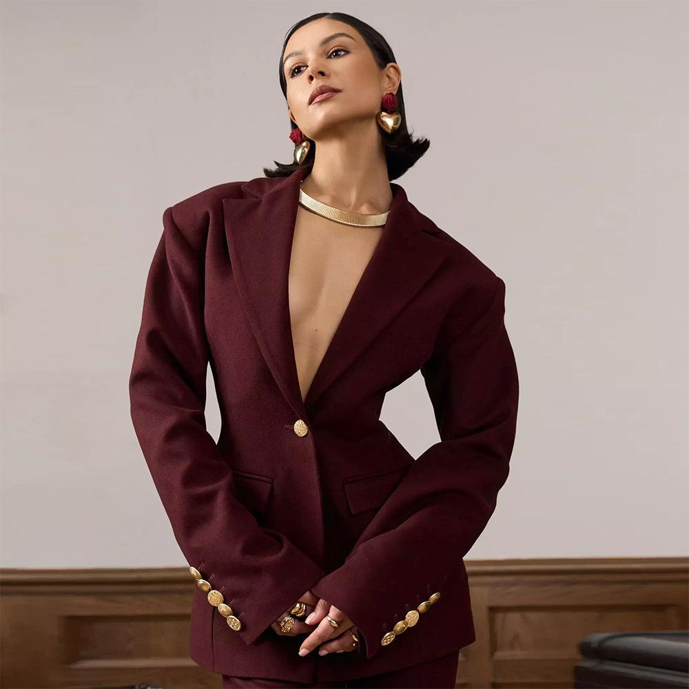Suit European, American autumn and winter new temperament elegant v-neck waist burgundy high-end suit jacket
