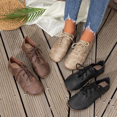 Damen Retro Flache Schnürschuhe Frühling Neu Große Größe Runde Spitze Weiche Sohle Doudou Schuhe