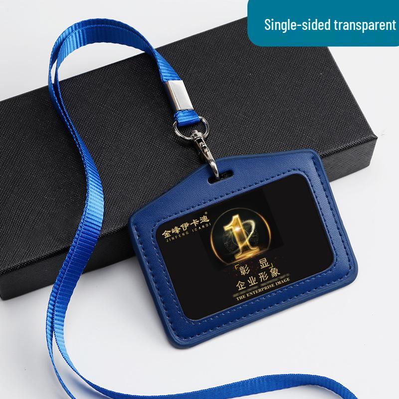 Genuine Leather Double-Sided ID Card Holder with Transparent Windows and Lanyard